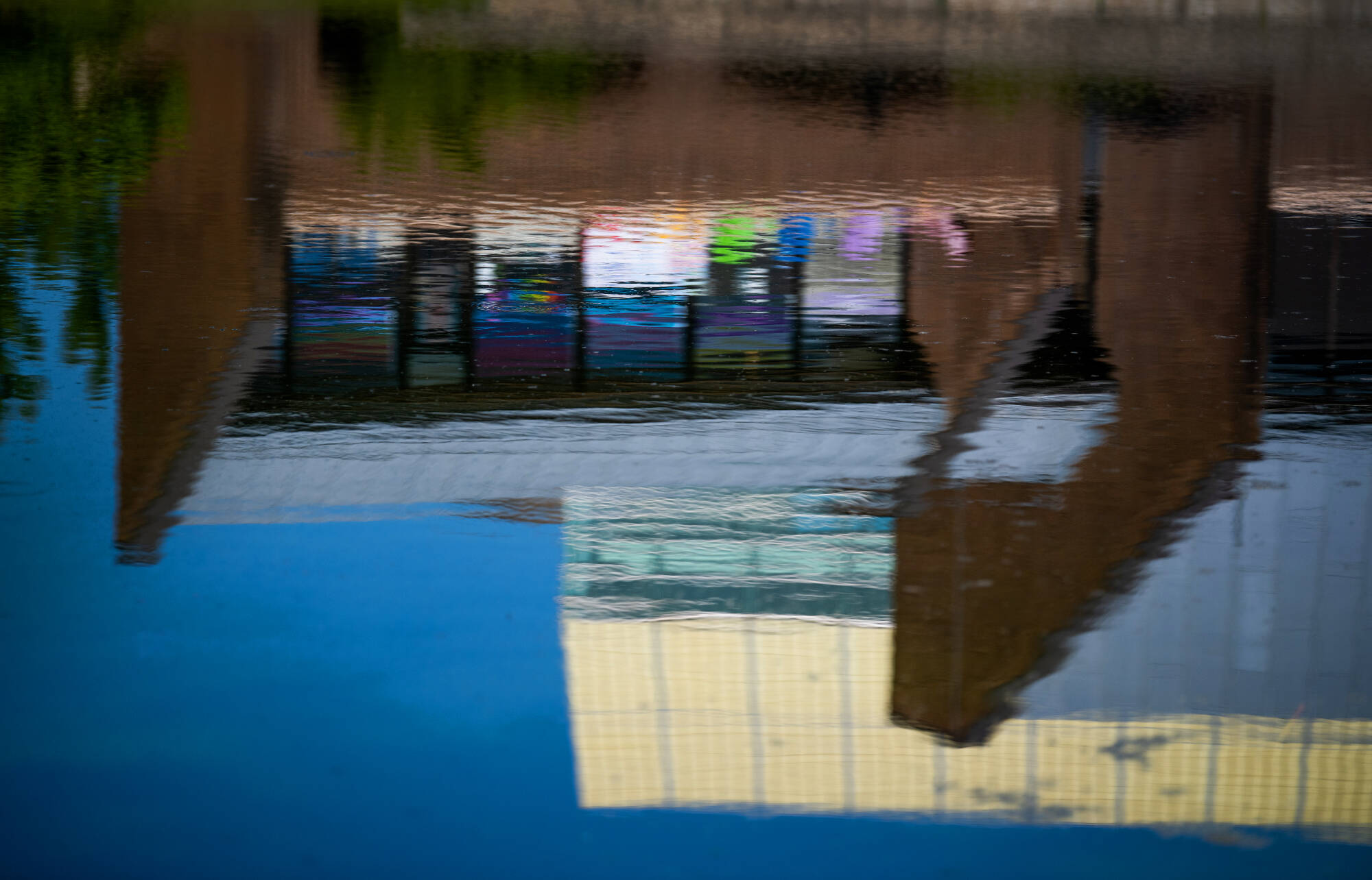 Rainbow flags reflected in Zumberge Pond from LGBT resource center